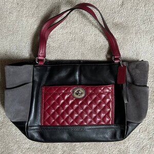 Coach Carrie Park Colorblock Gray Burgundy Quilted Suede Leather Tote